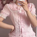 Daiiibabyyy  Costume Sweet Ruffles Blouses Spring Summer Japanese Style Puff Sleeve Women Shirts Retro Sweet Peter Pan Collar Blusas Mujer