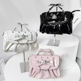 Daiiibabyyy  Elegant Pink Bow Rhinestone Underarm Bag Sweet Lolita Pleated Shoulder Bags Portable Bow Handle Handbag Cute Ita Purse Trendy