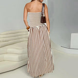 Daiiibabyyy  Casual Street Vacation Style Strapless Stretchable Long Dress Summer Fashion Stripes Printing Ruched Comfort Retro Sundress