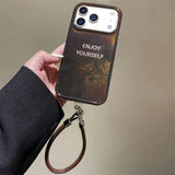 Daiiibabyyy  Vortex pattern IND deep brown minimalist English phone case with hanging rope for iPhone 11 12 13 14 15 16 17 Pro Max