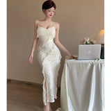 DAIIIBABYYY  -  White Lace Jacquard Chic Ruffled Casual Long Dress Women Elegant Beach Style Sling Dress Summer Korean Fashion Party Dress