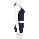 Daiiibabyyy  Women's Letter Print Neck Hanging Vest Shorts Two-piece Set Summer Fashion Slim Fit Dark Blue Comfortable Outdoor Sports Outfit