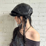 Daiiibabyyy  Spring New Rivet Punk Style Leather Beret Women Hat Pleated Design Spice Girls Fashion Beret Trendy Ladies Cool Chic Beret Hat