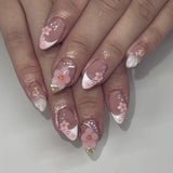 Daiiibabyyy  24Pcs Short Almond Nails Set Press on Leopard Print French Full Cover Fake Nails Tips with Cherry Pattern Detachable False Nails