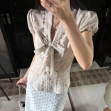 Daiiibabyyy  French Style New Print Spice Girls Shirts Lace Up Slim Waist Dot Casual Blusas Temperament Age Reduction Elegant Blouses