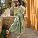DAIIIBABYYY  -  Sweet Girl Off-shoulder Sleeveless Slim Waist Plaid Camisole Dress + Solid Color V-neck Thin Knitted Smock Cardigan 2-piece Set