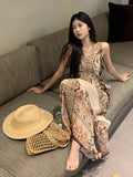 Daiiibabyyy  Vestidos De Mujer Bohemian Dress Women's Clothing V Neck Sleeveless Vintage Robe Femme Fashion Lace Patchwork Maxi Dresses
