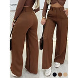 Daiiibabyyy  Officewear Pants Elegant Double Button Trousers Relaxed Commuting Straight Culottes Lightweight Pleated Flared Slacks