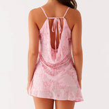 Daiiibabyyy  Women Summer Fashion Sleeveless Swing Collar Back Bandage Mini Dresses Flower Sequins Beaded Embroidery Cowl Neck Cami Dress