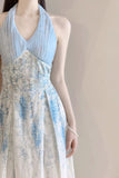 DAIIIBABYYY  -  Blue Neck Cinched Waist Slimming Floral Dress Women Summer New Style Fresh Sweet Super Fairy Temperament Long Dresses