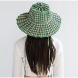 Daiiibabyyy  Plaid Print Ruffle Wide Brim Bucket Hat Foldable Sun Protection Loose Fit Summer Women Straw Hat Casual Chic Lady Sombrero