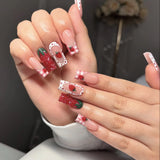Daiiibabyyy  24PCS Elegant Medium Square False Nails Colorful Butterfly Patterns French with Diamonds Fake Nails for Women Wearable Press On