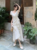 DAIIIBABYYY  -  White V-neck Lace Up Short Sleeved Dress Women Summer New Lotus Leaf Edge Waist Cinching Slim Temperament Long Dresses