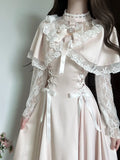 Daiiibabyyy  Sweet Elegant Vintage Lolita Dress Women Lace Capelet Long Sleeve Bow Lace Up Ruched Waist Slim Fit Long Dress Elegant Outfit
