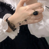 Daiiibabyyy  Lolita Gothic Crystal Finger Bracelet for Women Baroque Rose Lace Bracelet with Finger Ring Charm Vampire Hand Jewelry Pulseras