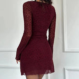 Daiiibabyyy  Sexy Wine red Flocking Flower Mesh Flare Sleeve Dress Woman Bow Square neck Package Hips A-line Mini Party Robe Bodycon