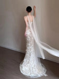 Daiiibabyyy  Elegant Strapless Mermaid Wedding Party Dresses Shiny Sequins Court Training Lace Decal Prom Gown Customized Vestido De Novia