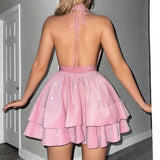 Daiiibabyyy  Women Elegant Bright Glitter Slim Mini A-line Dress Fashion Ruffled Hollow Short Dress Sexy Deep V-neck Halter Club Party Dress