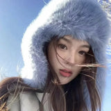 Daiiibabyyy  Faux fur Bomber Hats Outdoor Ski Winter Hat with ear flaps Women Trendy Thick Earmuffs  Ear Protection Warm Hat Pilot Cap