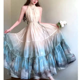 DAIIIBABYYY  -  Summer New Chinese Style Sleeveless Halter Fashion Ombre Solid Color Printed Women's Clothing Temperament Thin Long Dress