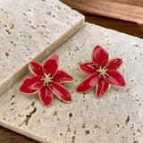 Daiiibabyyy  Vintage Dark Red Enamel Flower Stud Earrings European and American Vacation Style Sweet Floral Jewelry For Women