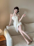 Daiiibabyyy  Pure and Unique Halter Neck Strapless Dress Nightclub Mesh Makes You Look Thin