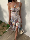 Daiiibabyyy  Women's Floral Print Slit Strap Midi Dress Summer Casual Beach Holiday Resort