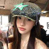 DAIIIBABYYY  -  American Leopard Print Forward Hat Men and Women Spring and Summer Five-pointed Star Sticker Design Short-brimmed Painter Cap