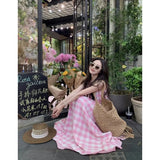 DAIIIBABYYY  -  Pink Checkered Sleeveless Dress Women Summer 2025 New Vacation Style Cinched Waist Slimming Round Neck Vest Dresses