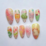 Daiiibabyyy  24Pcs 3D Flower Pearl Fake Nails Art with Red Green Smudge Reusable False Nails Press on Mid-length Almond Full Cover Nails Tips