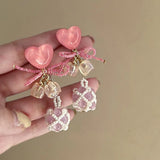 Daiiibabyyy  Fairy Sweet Pink Heart Beaded Bow Opal Ball Lily Flower Drop Multi-element Earrings Women and Girls Elegant Jewelry Gifts