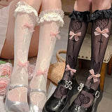 DAIIIBABYYY  -  Cute Lolita Transparent Lingerie Stockings Lovely Bow Over Knee Black White Heart Bow Sexy Suspender High Tube Silk Long Socks