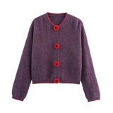 Daiiibabyyy  New Autumn/Winter Fashion Casual Long Sleeve V-neck Floral Single Breasted Loose Fit Sweater For Women,2 Colors