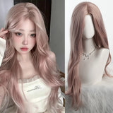 Daiiibabyyy  Long Wavy Pink Wigs With Bangs Synthetic Wigs for Women U-shaped lace Wig Suitable for Daily/Cosplay/Party/Lolita