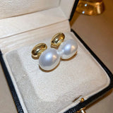 Daiiibabyyy French Elegant Gold Color Bean Spliced Flat Pearl Earrings for Korean Fashion Jewelry Party Women's Sweet Accessories New