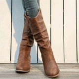 Daiiibabyyy  Europe America Fashion Round Head Thick Sole Western Boots For Women Leather High Top Pleated Casual Daily Footwear