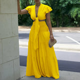 DAIIIBABYYY  -  Women 2 Pieces Skirts Sets Solid Blouse Short Sleeve Deep V Neck & Long SKirts Loose Floor Length Elegant Birthday Party Clothes