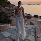 Daiiibabyyy  White Lace Sheer Corset Maxi Dress Eyelash Lace Trim Bodice High Slit Satin Skirt Summer Bridal Evening Party Women Outfit