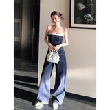 DAIIIBABYYY  -  Pants Set Women's Summer Blue Contrasting Strapless Hot Girl Top High Waist Slimming Denim Pants Two-piece Set Female Clothes