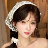 Daiiibabyyy  Spring Summer Floral Hair Scarf Elegant Headwrap Women French Country Style Lace Mesh Triangle Scarf Bohemian Hair Accessories