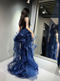 Daiiibabyyy  Halter Neck Slim Fit Long Blue Black Sequin Dress Birthday Party Coming-of-Age Ceremony Host Annual Meeting White Red Gown
