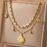Daiiibabyyy  Stainless Steel Double Layer Heart Necklaces for Women Luxury Gold Color Love Beads Personality Choker Necklaces Jewelry Gifts