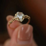 Daiiibabyyy  Gold Plated Natural Moonstone Cats Eyes Ring for Women Fashion Luxury Geometric Design Rings Open Adjustable Ring Trendy Jewelry