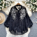 Daiiibabyyy   Embroidered Beaded Lantern Sve irt Women's Summer Thin Loose Outerwear Long Sve Top Korean Sle Commute