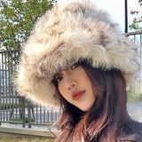 Daiiibabyyy  Korean Style Leopard Print Fuzzy Bucket Hats Warm Thickened Plush Winter Fisherman Hat Adult Unisex Animal Pattern Caps Headwear