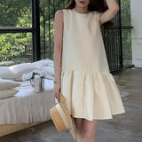 Daiiibabyyy  Elegant French Style Bow A-Line Mini Dress Summer Sleeveless Female Clothing Fashionable Drawstring Aura Solid Color Sundress
