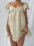 Daiiibabyyy  Summer French Vintage Flower Embroidery Solid V Neck Puff Sleeve Temperament Dresses