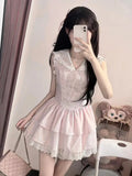 DAIIIBABYYY  -  French Sweet Girl Pink Lace Splicing Navy Collar Puff Dress Female Students New Waist Concealing Princess Short Dresses