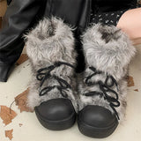 Daiiibabyyy  Plush Round Toe Women's Snow Boot Lace-Up Thick Bottom Keep Warm In Winter Women Boots Fashion Outdoors Young