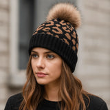 Daiiibabyyy  Trendy Thickened Leopard Print Hat Cozy Curled Edge Wool Ball Hat Warmth Knitted Hat Autumn Winter Outdoor Wear